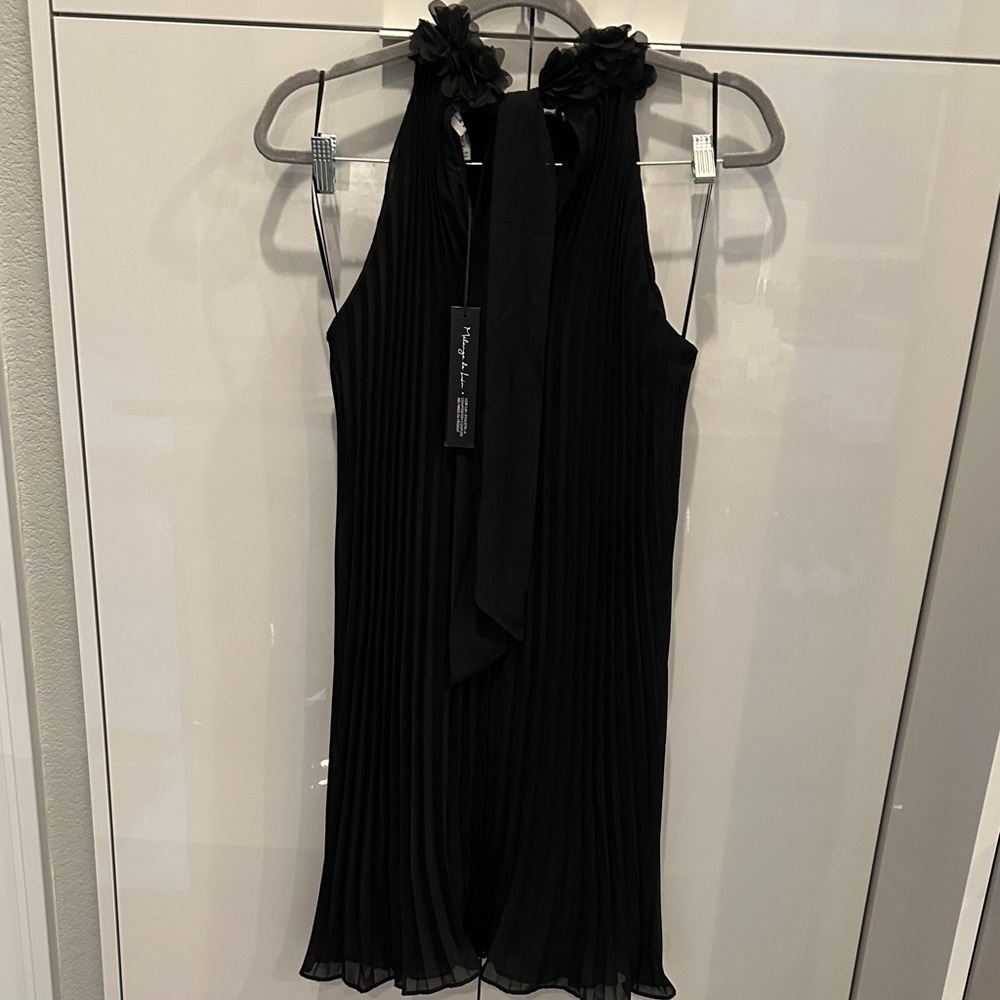 Nicole Miller Black Pleated Dress with Floral Details